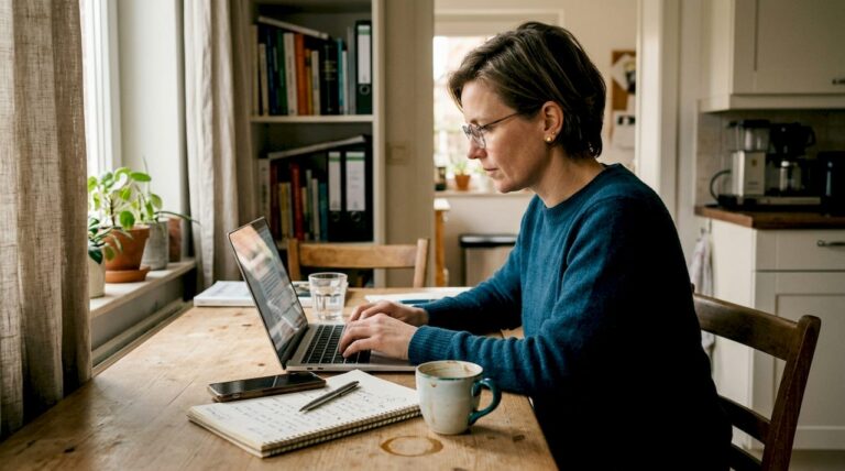 Ondernemer uit het MKB schrijft een blog achter zijn laptop aan de keukentafel.