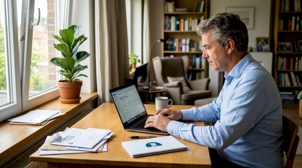 Ondernemer uit het mkb aan het werk achter zijn laptop aan de vergadertafel.