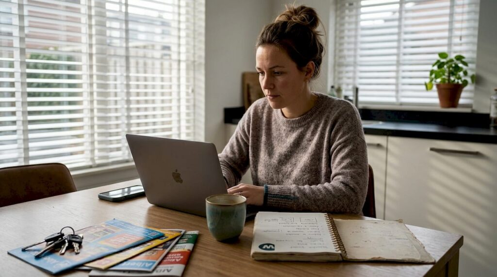 Terwijl de koffie pruttelt, sleutelt een ondernemer aan zijn website aan de keukentafel.