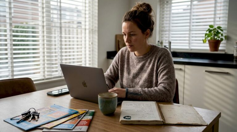 Terwijl de koffie pruttelt, sleutelt een ondernemer aan zijn website aan de keukentafel.