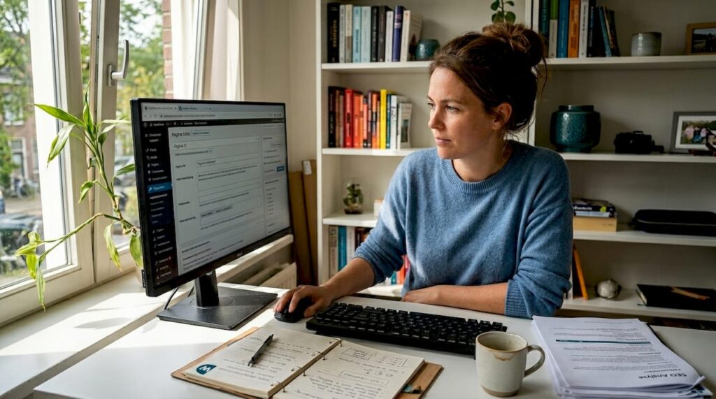 Een ondernemer is bezig met het verbeteren van meta tags op zijn computer.