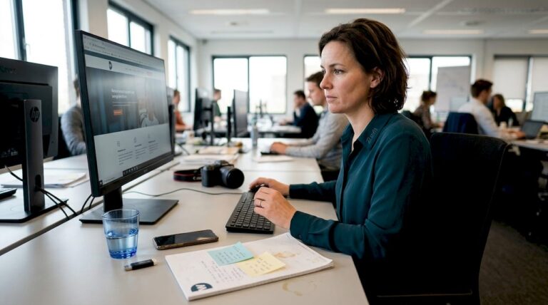 Een ondernemer is op kantoor bezig met het onderhouden van zijn WordPress-website.