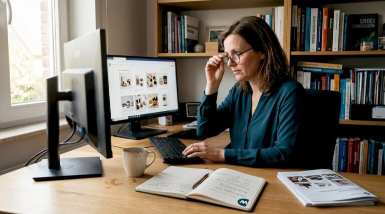 Een ondernemer bladert door productfoto’s op zijn thuiskantoor.