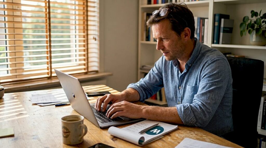 Een ondernemer is geconcentreerd aan het werk achter zijn laptop op kantoor.