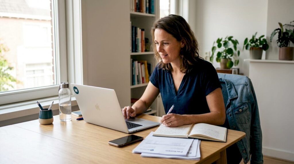 Een ondernemer zit aan zijn bureau en werkt aan de eerste ontwerpen voor een website.