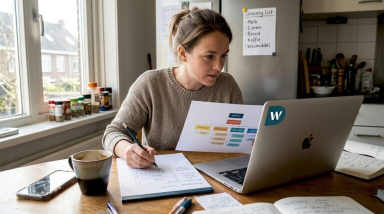 Ondernemer werkt aan webdesign, gewoon aan de keukentafel.