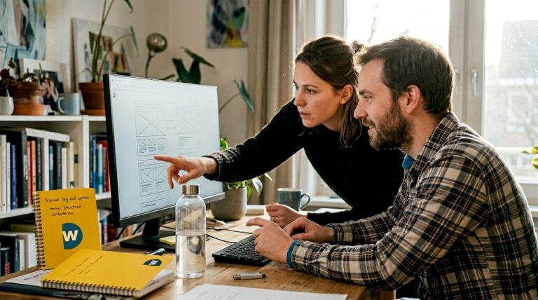 Webdesigner bespreekt wireframes vanuit zijn thuiswerkplek