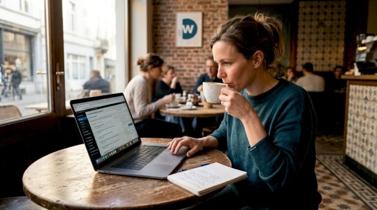 Ondernemer zit in een gezellig café zijn WordPress-website bij te werken.