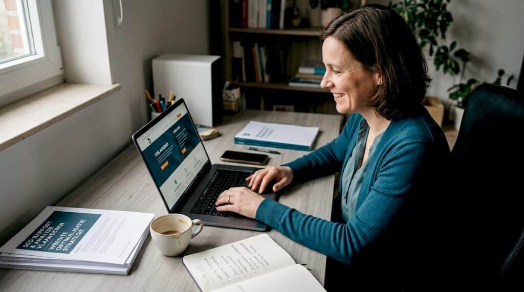 Ondernemer bekijkt zijn website vanaf zijn werkkamer thuis