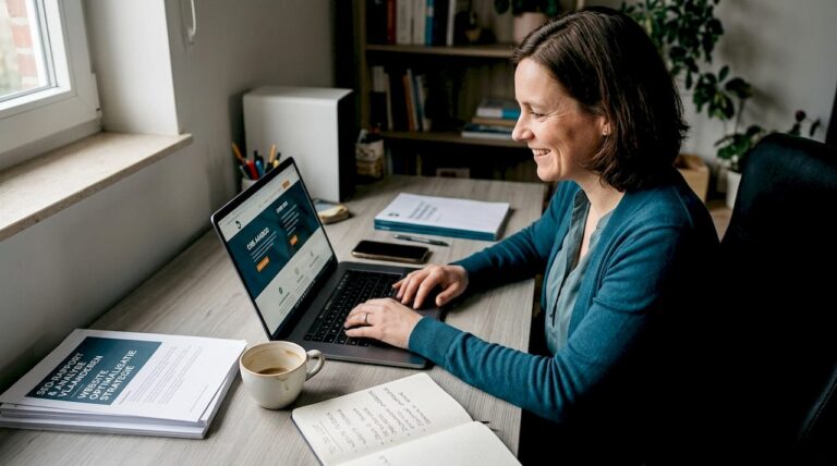 Ondernemer bekijkt zijn website vanaf zijn werkkamer thuis