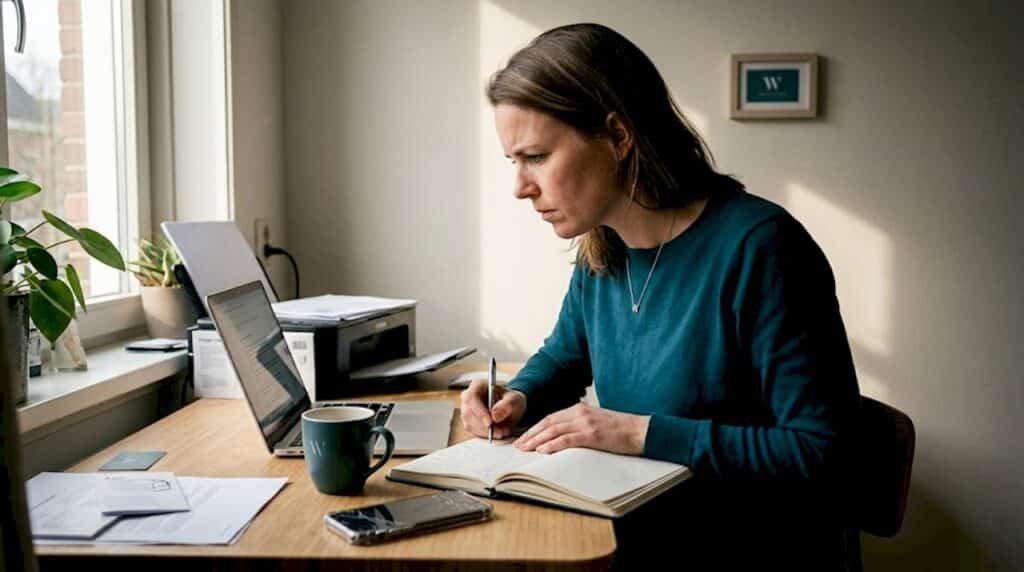 Een ondernemer zit achter zijn bureau en werkt aan het verbeteren van zijn online zichtbaarheid.