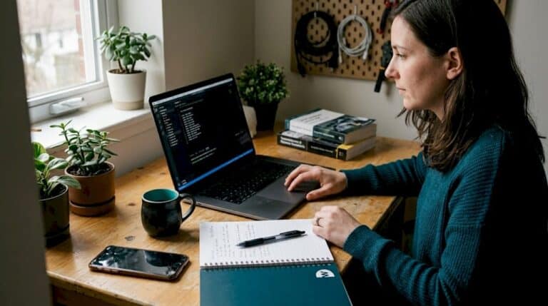 Webdeveloper aan het werk achter zijn laptop in een thuiskantoor