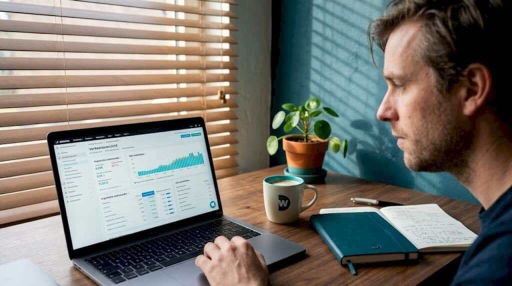 Een ondernemer bekijkt de SEO-cijfers op zijn werkplek.