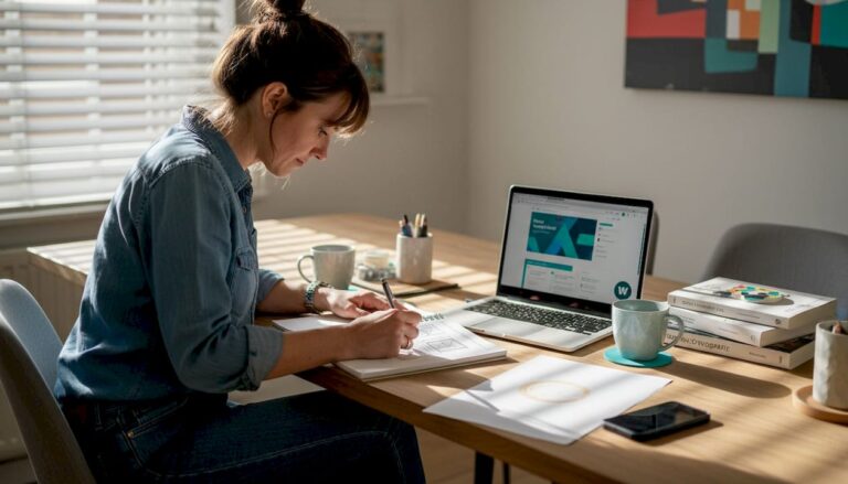 Een webdesigner werkt thuis aan het uittekenen van wireframes.